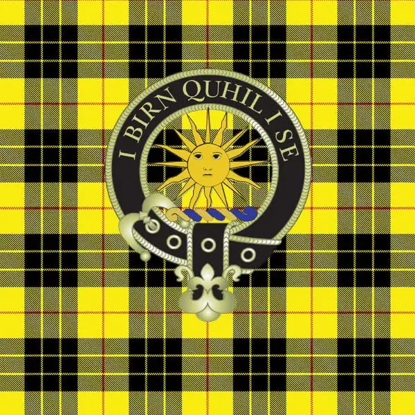 Yellow and black tartan with sun clan crest