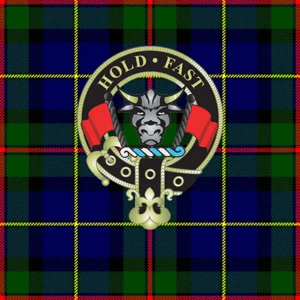 Scottish tartan with Hold Fast clan bull crest