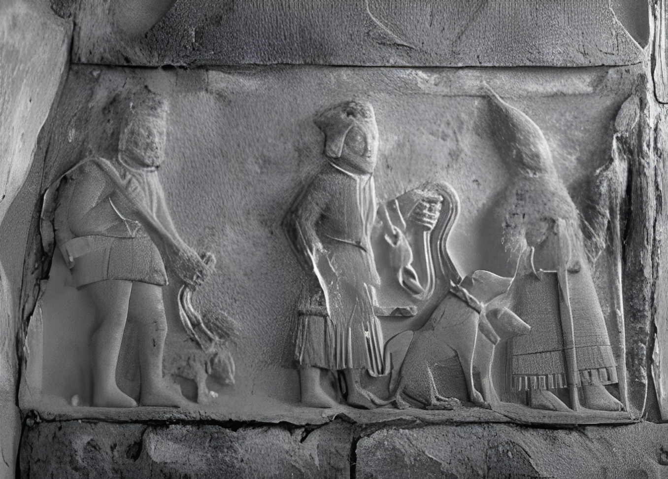 Ancient stone carving with human and animal figures.