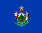 Maine state flag with emblem on blue.