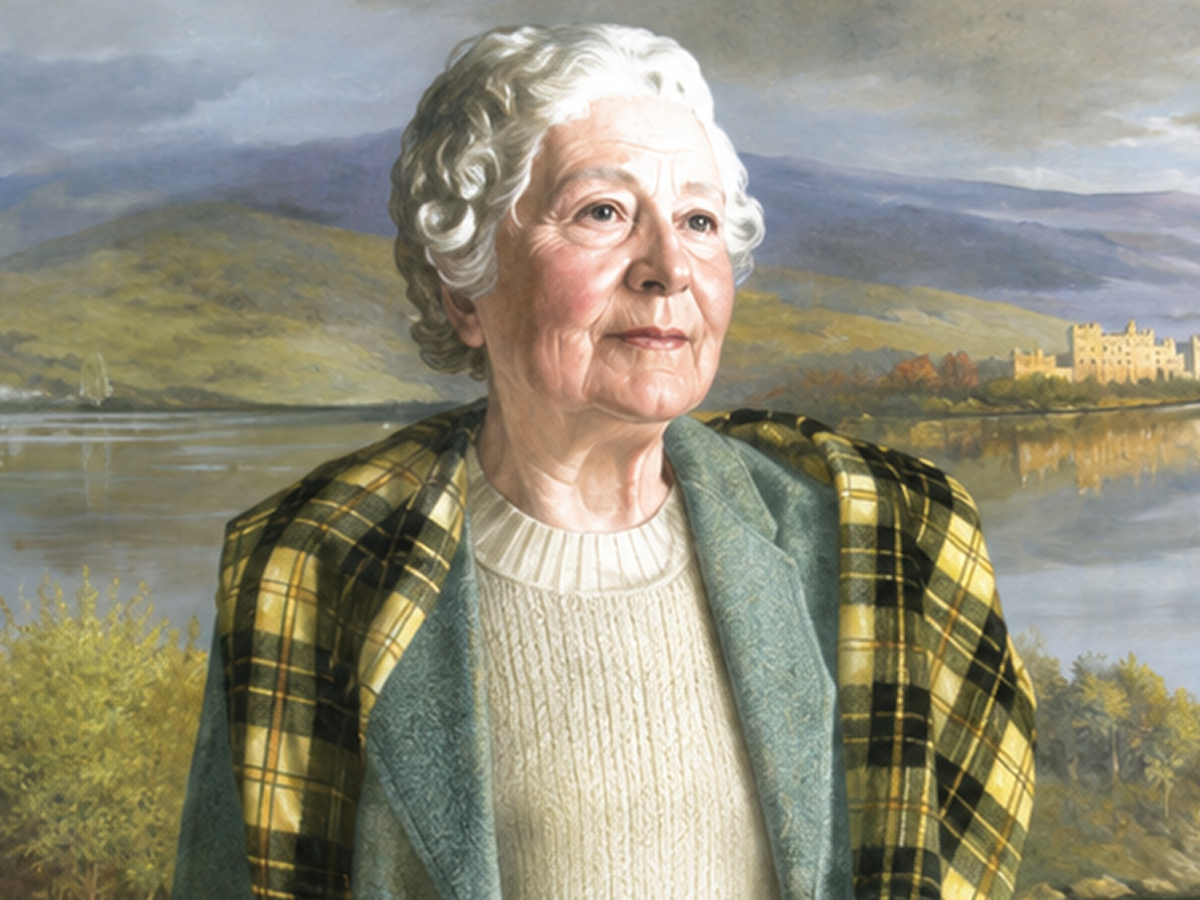 Elderly woman in scenic landscape painting.