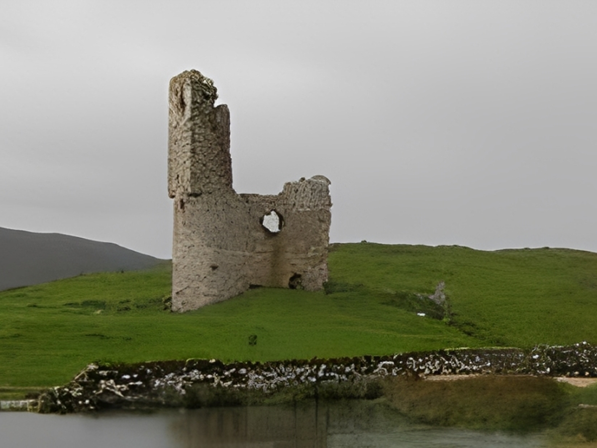 Ruined stone tower on grassy hilltop.
