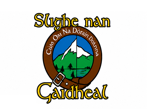 Mountain logo with Gaelic text, belt design.