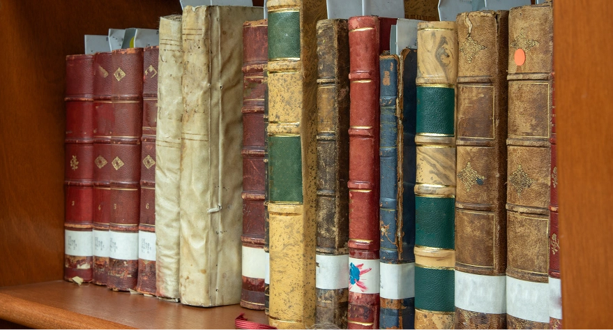 Old leather-bound books on wooden shelf.
