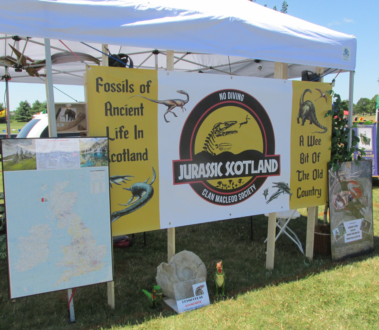 Dinosaur fossils exhibit at outdoor Scottish event.