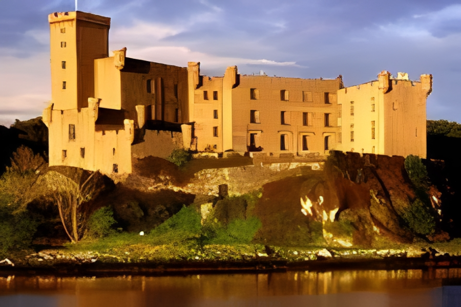 Historic castle by the water at sunset.