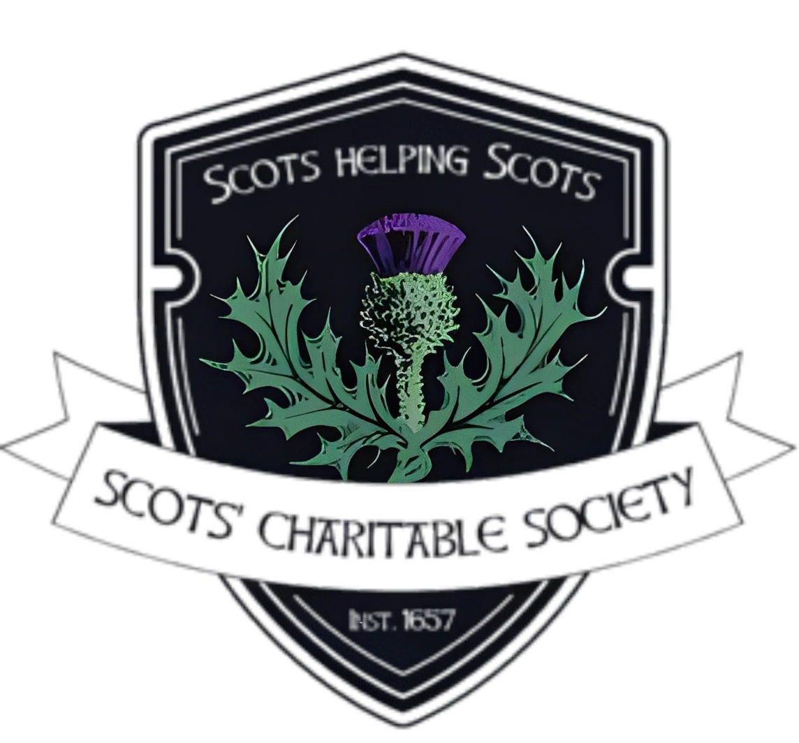 Thistle emblem with "Scots Charitable Society" text.