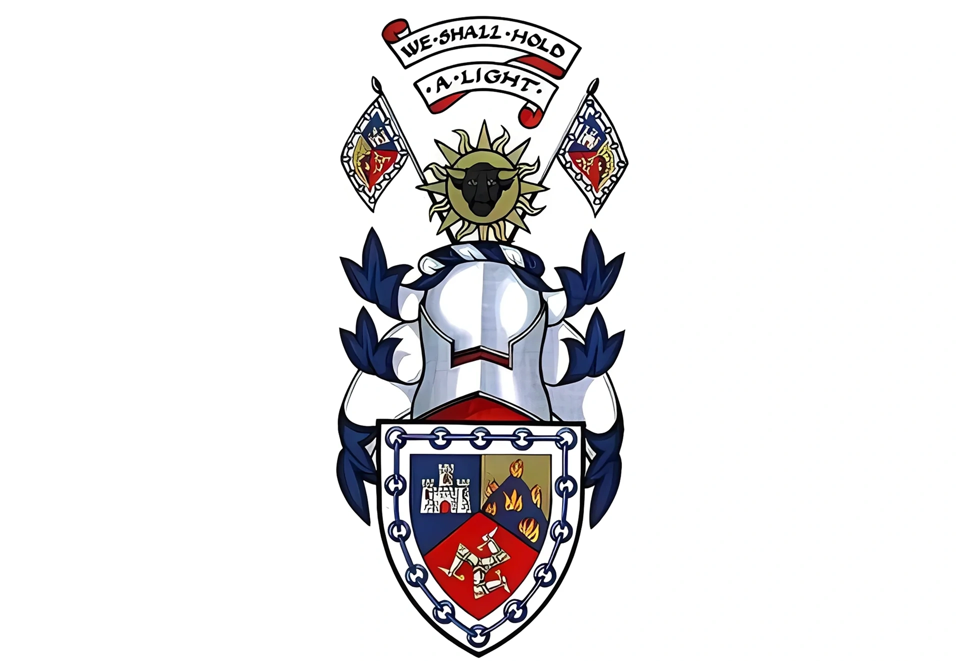 Coat of arms with motto and shield.