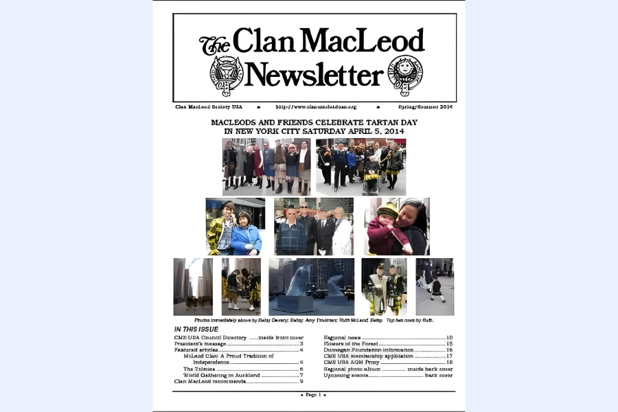 Clan MacLeod Newsletter front page with photos.
